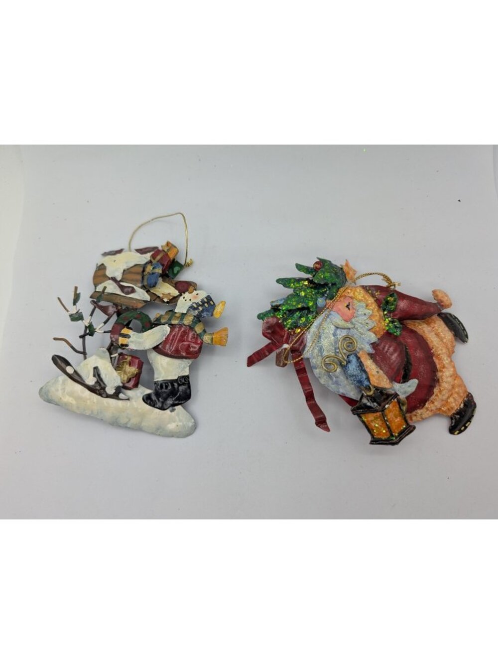 Set of 2 Metal Ornaments Santa and Snowman hanging whimsical 4.5"